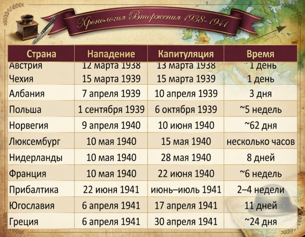 Хронология Вторжения 1938-1941 Страна Нападение Капитуляция Время Австрия 12 марта 1938 13 марта 1958 1 день Чехия 15 марта 1939 15 марта 1939 1 день Албания 7 апреля 1939 10 апреля 1939 3 дня Польша 1 сентября 1939 6 октября 1939 ~5 недель Норвегия 9 апреля 1940 10 июня 1940 ~62 дня Люксембург 10 мая 1940 15 мая 1940 несколько часов Нидерланды 10 мая 1940 28 мая 1940 8 дней Франция 10 мая 1940 22 июня 1940 ~6 недель Прибалтика 22 июня 1941 иЮнЬ-июль 1941 2-4 недели Югославия 6 апреля 1941 17 апреля 1941 11 дней Греция 6 апреля 1941 30 апреля 1941 ~24 дня