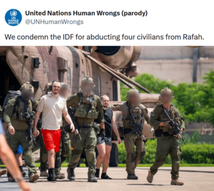 HAMAS RIGHTS United Nations Human Wrongs (parody) @UNHumanWrongs We condemn the IDF for abducting four civilians from Rafah.