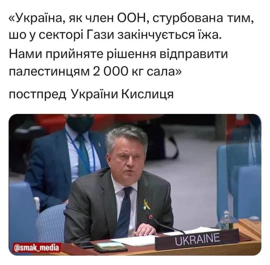 &laquo;Україна, як член ООН, стурбована тим, шо у секторі Гази закінчується їжа. Нами прийняте рішення відправити палестинцям 2 000 кг сала&raquo; постпред України Кислиця UKRAINE @smak_media