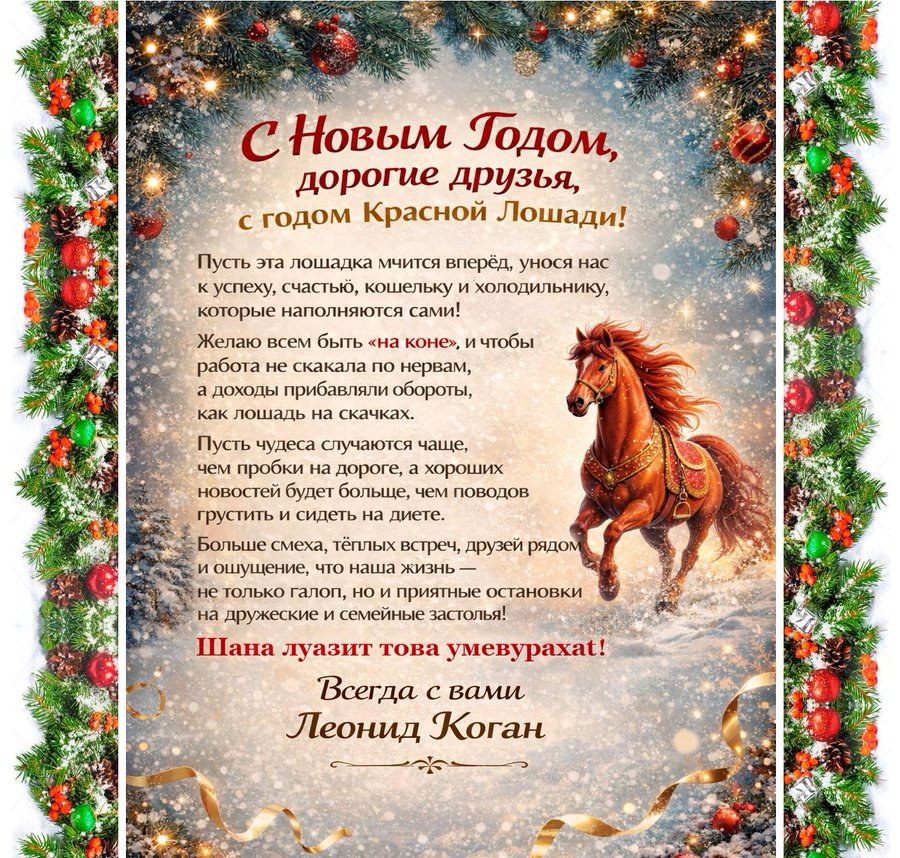 С Новым Годом, дорогие друзья, с годом Красной Лошади! Пусть эта лошадка мчится вперёд, унося нас к успеху, счастью, кошельку и холодильнику, которые наполняются сами! Желаю всем быть &laquo;на коне&raquo;, и чтобы работа не скакала по нервам, а доходы прибавляли обороты, как лошадь на скачках. Пусть чудеса случаются чаще, чем пробки на дороге, а хороших новостей будет больще, чем поводов грустить и сидеть на диете. Больше смеха, тёплых встреч, друзей рядом и оущение, что наша жизнь - не только галоп, но и приятные остановки на дружеские и семейные застолья! Шана луазит това умевурахат! Всегда с вами Леонид Коган