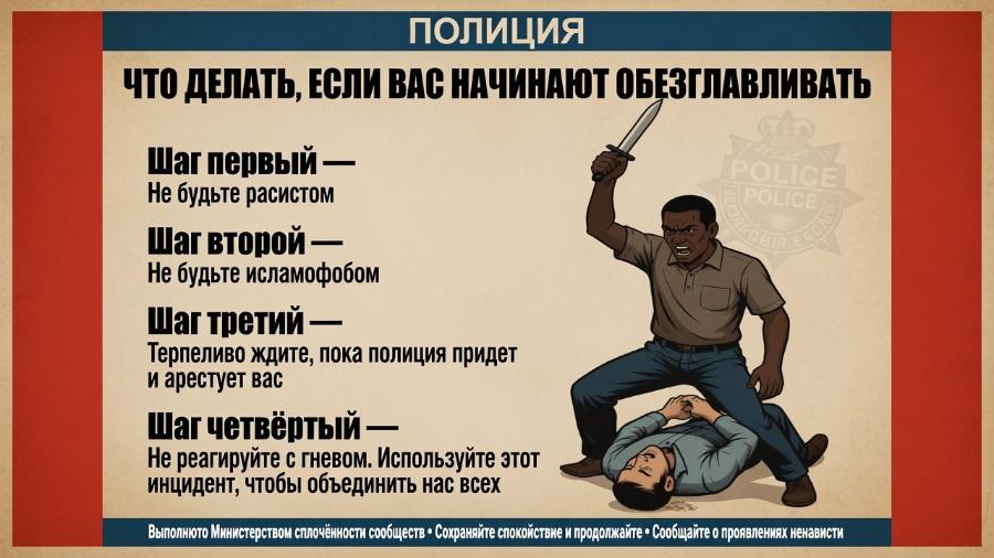 ПОЛИЦИЯ ЧТО ДЕЛАТЬ, ЕСЛИ ВАС НАЧИНАЮТ ОБЕЗГЛАВЛИВАТЬ Шаг первый - Не будьте расистом Шаг второй &mdash; POLICE POLICE E COBIR Не будьте исламофобом Шаг третий &mdash; Терпеливо ждите, пока полиция придет и арестует вас Шаг четвёртый &mdash; Не реагируйте с гневом. Используйте этот инцидент, чтобы объединить нас всех Выполнюто Министерством сплочённости сообществ &bull; Сохраняйте спокойствне и продолжайте &bull; Сообщайте о проявлениях ненависти