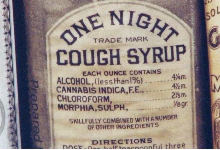 Prepared ONENIGHT TRADE MARK COUGH SYRUP EACH OUNCE CONTAINS ALCOHOL, (less than 1%) 4&frac14;m. CANNABIS INDICA, F.E., 4&frac12;m. 2/m. CHLOROFORM, Yagr. MORPHIA, SULPH, SKILLFULLY COMBINED WITH A NUMBER OF OTHER INGREDIENTS ПАСТ DIRECTIONS nful three