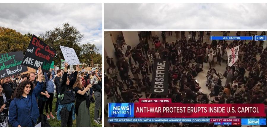 and ther Elic Clams al onialier AlRE NOT at leaceful U.S. CAPITOL J [LIVE CEASEFIRE, NEWS NATION BREAKING NEWS ANTI-WAR PROTEST ERUPTS INSIDE U.S. CAPITOL SIT TO WARTIME ISRAEL WITH A WARNING AGAINST BEING 'CONSUMED LATEST HEADLINES SIP 500 -0,90% 2:33 г [NOW]