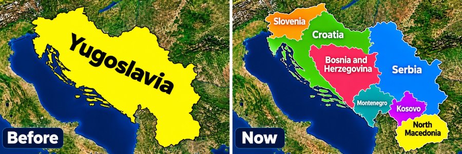 Yugoslavia Before Slovenia Croatia Bosnia and Herzegovina &bull; Montenegro Now Serbia Kosovo North Macedonia