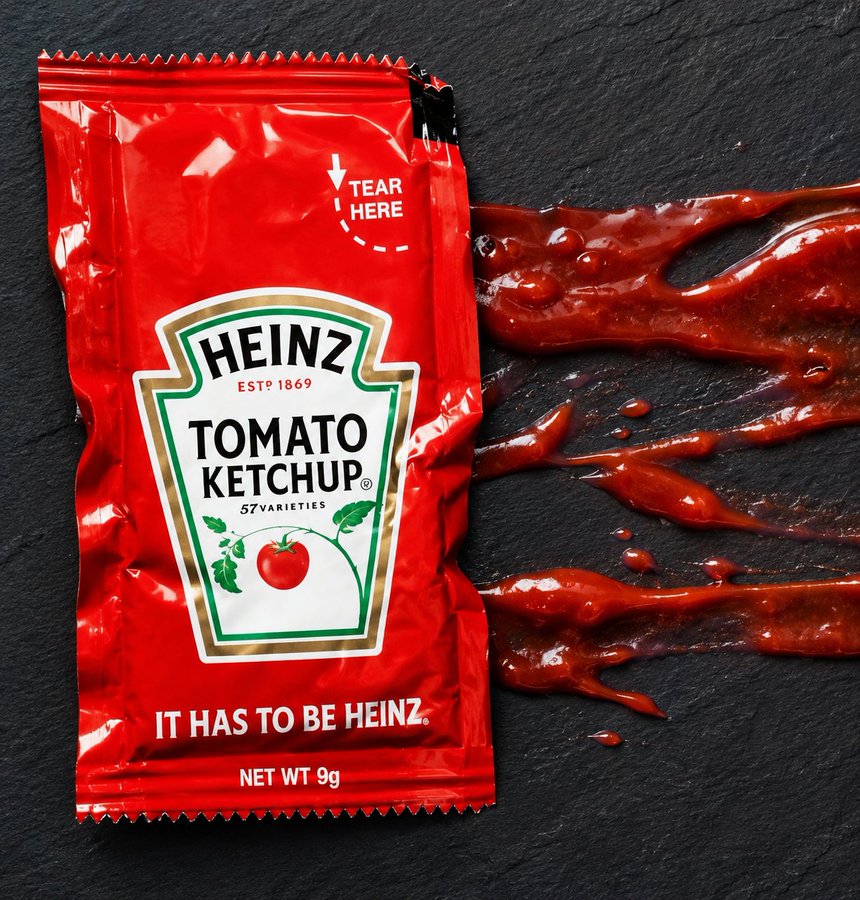 TEAR ' HERE HEINZ ESTP 1869 TOMATO KETCHUP&reg; 57 VARIETIES IT HAS TO BE HEINZ. NET WT 9g