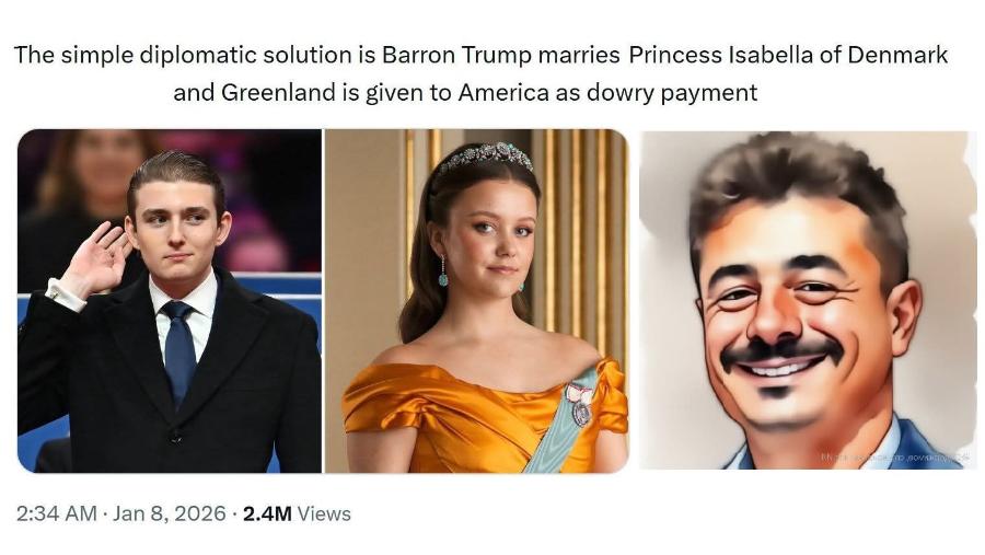 The simple diplomatic solution is Barron Trump marries Princess Isabella of Denmark and Greenland is given to America as dowry payment ет зомижать 2:34 AM &bull; Jan 8, 2026 &bull; 2.4M Views